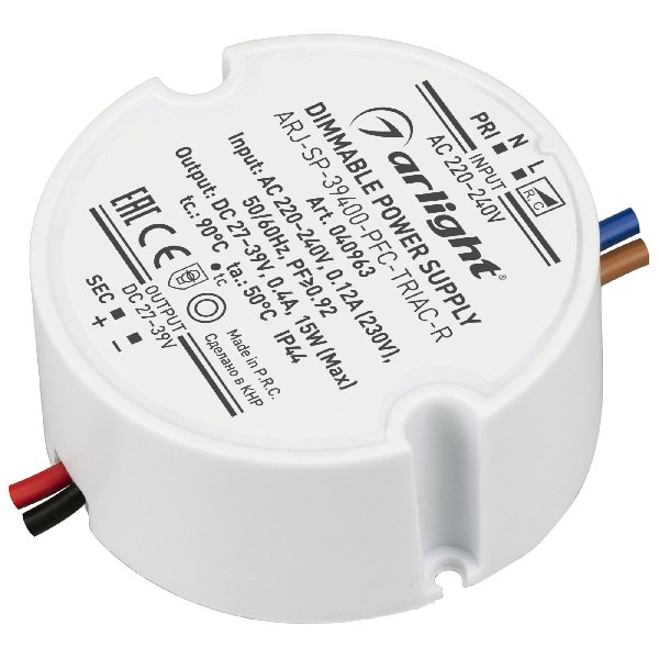 Блок питания ARJ-SP-39400-PFC-TRIAC-R (15W, 27-39V, 400mA) (Arlight, IP44 Пластик, 5 лет)