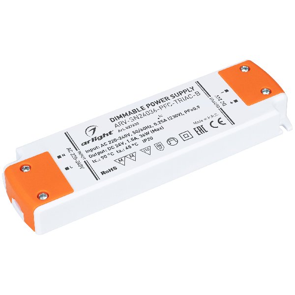 Блок питания ARV-SN24036-PFC-TRIAC-B (24V, 1.5A, 36W) (Arlight, IP20 Пластик, 3 года)