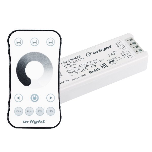 Диммер SMART-DIM-SET-RING (12-24V, 1x8A, ПДУ 2.4G) (Arlight, IP20 Пластик, 5 лет)