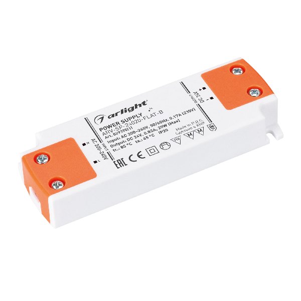Блок питания ARV-SP-24020-FLAT-B (24V, 0.83A, 20W) (Arlight, IP20 Пластик, 5 лет)