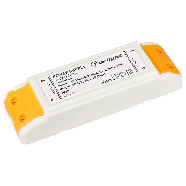 Блок питания ARV-12036 (12V, 3A, 36W) (Arlight, IP20 Пластик, 2 года)