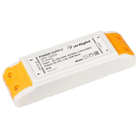 Блок питания ARV-24036 (24V, 1.5A, 36W) (Arlight, IP20 Пластик, 2 года)